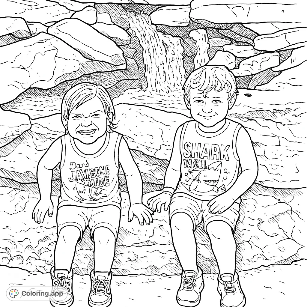 Two happy boys sit by a rocky waterfall, ready for a fun outdoor adventure. A free printable waterfall coloring page for kids and adults.