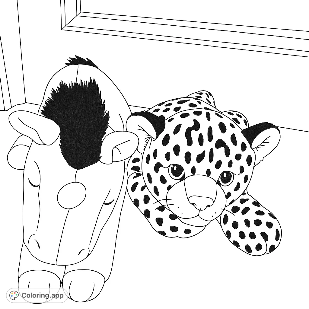 Adorable plush cow and leopard friends resting by a window. A charming animal friends coloring page for kids and adults.