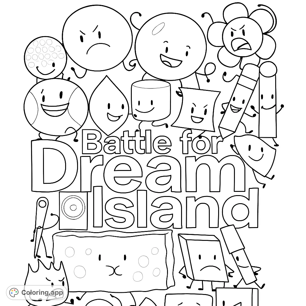A fun Battle for Dream Island coloring page featuring a lively collection of anthropomorphic objects like a tennis ball, flower, and marshmallow, ready for vibrant colors!