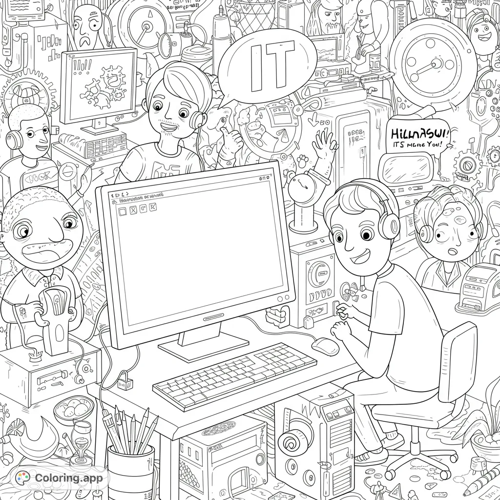 Dive into a chaotic IT world! A young techie at a computer, surrounded by humorous characters and intricate gadgets. Perfect for tech enthusiasts.
