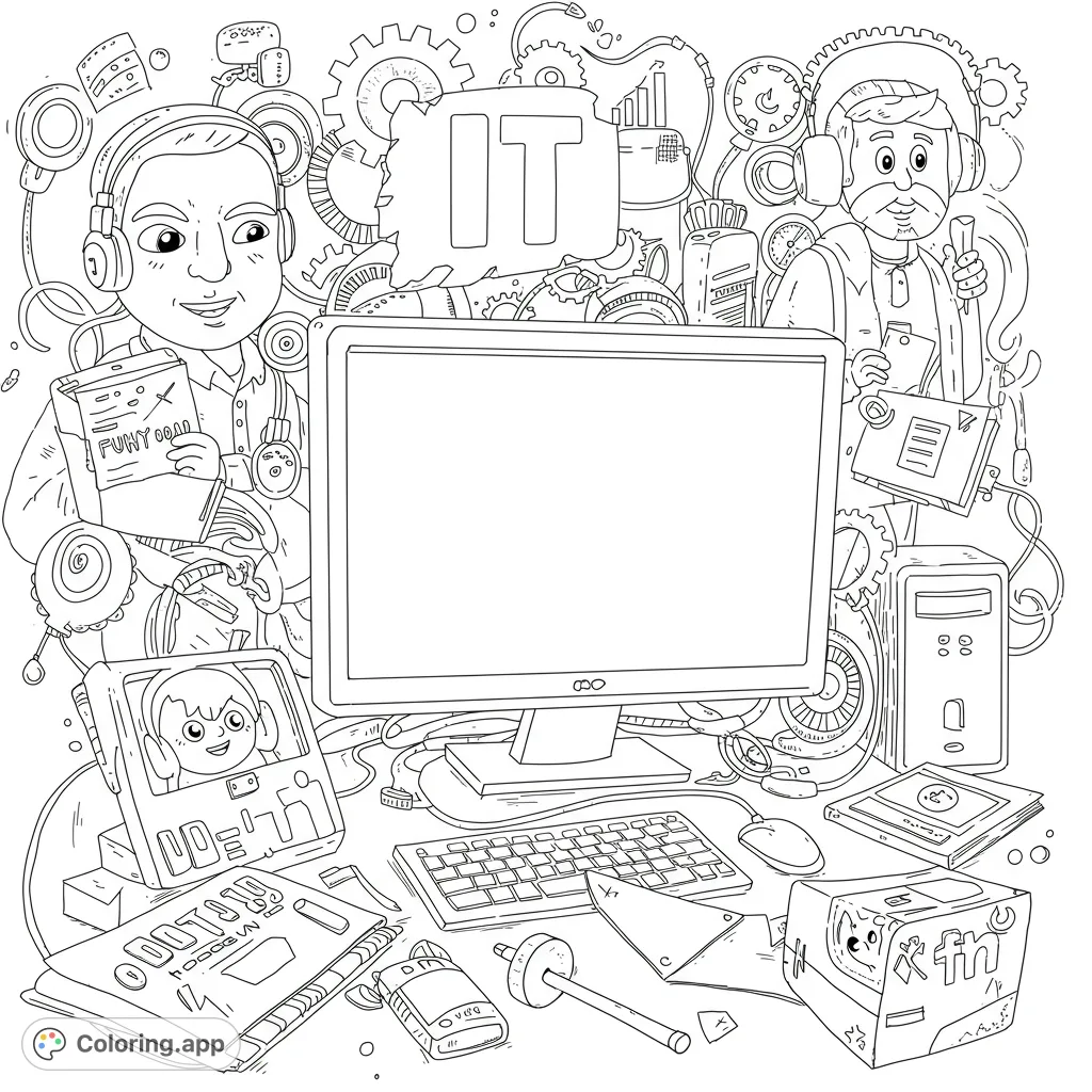 Explore a detailed IT-themed coloring page featuring tech professionals, computers, and a desk full of gadgets. Perfect for tech enthusiasts!