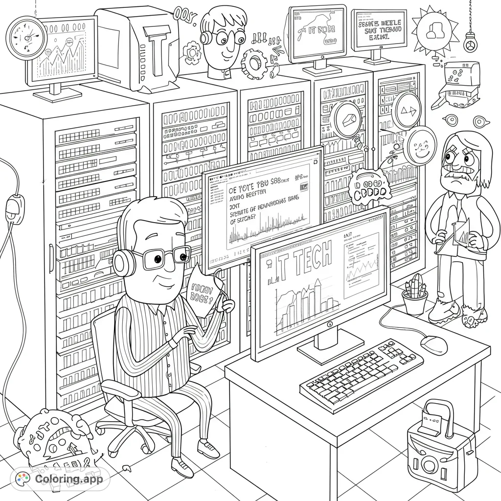 Dive into an IT tech office coloring page featuring a busy server room, two distinct characters, and humorous tech details. Free printable for all ages!