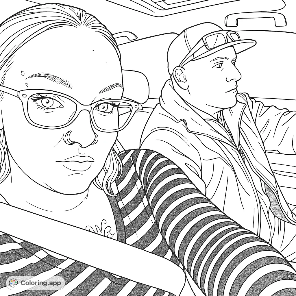 A dynamic car ride scene featuring a woman in glasses and a man driving. Perfect for personalizing with vibrant colors, capturing a memorable journey.