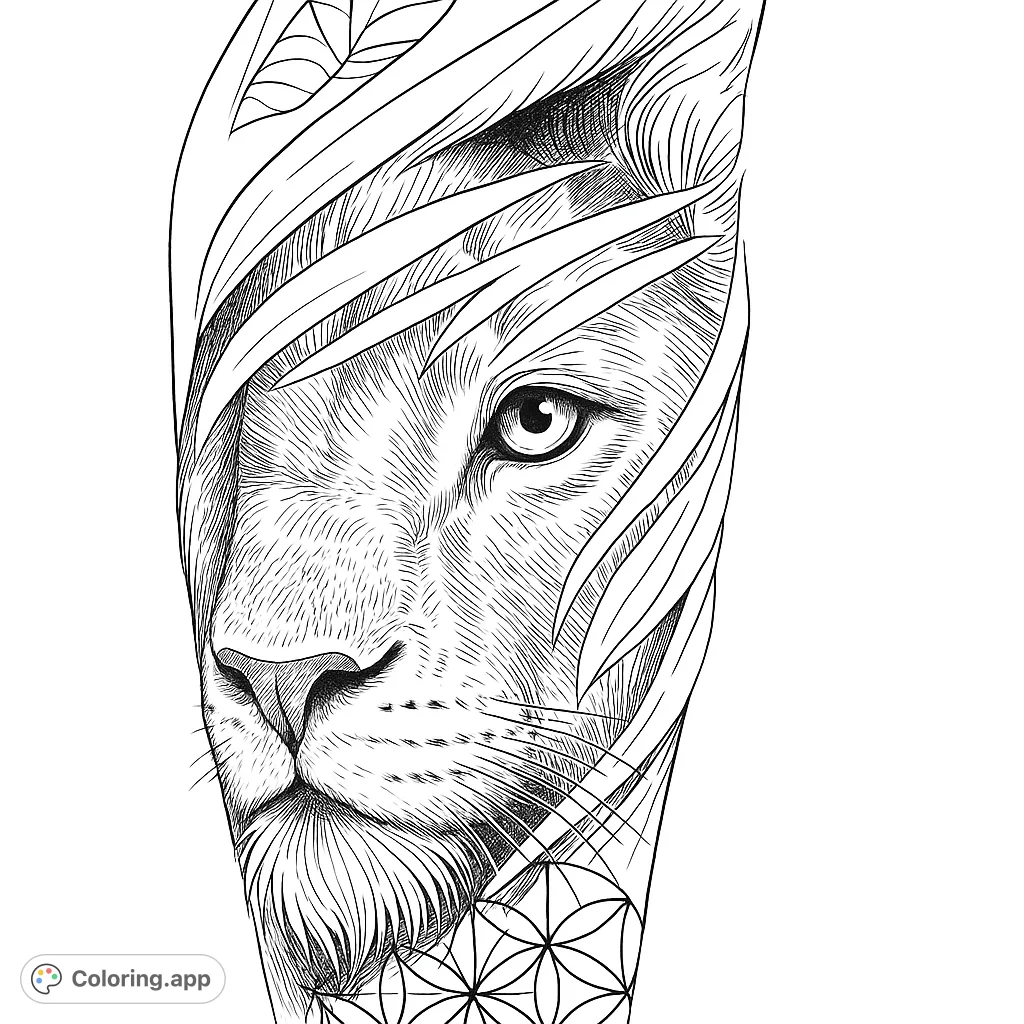 A majestic lion's face emerges from intricate abstract and geometric patterns, offering a detailed and captivating coloring experience for all ages.