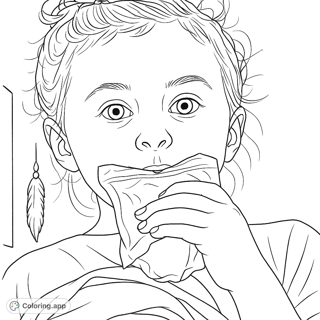 A captivating girl eating coloring page featuring a young girl with wide eyes, holding a food pouch, perfect for free printable coloring page fun.
