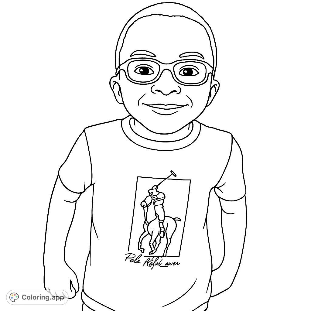 A charming boy portrait coloring page featuring a smiling child with glasses and a polo player shirt. Free printable coloring page for kids and adults.