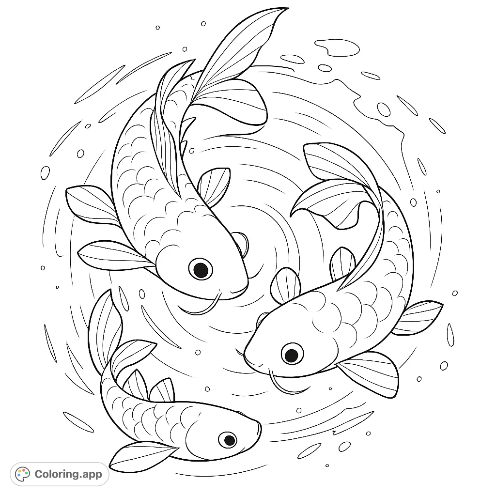 Three graceful koi fish swim in a harmonious circular pattern, surrounded by gentle water ripples. A serene and captivating aquatic scene.