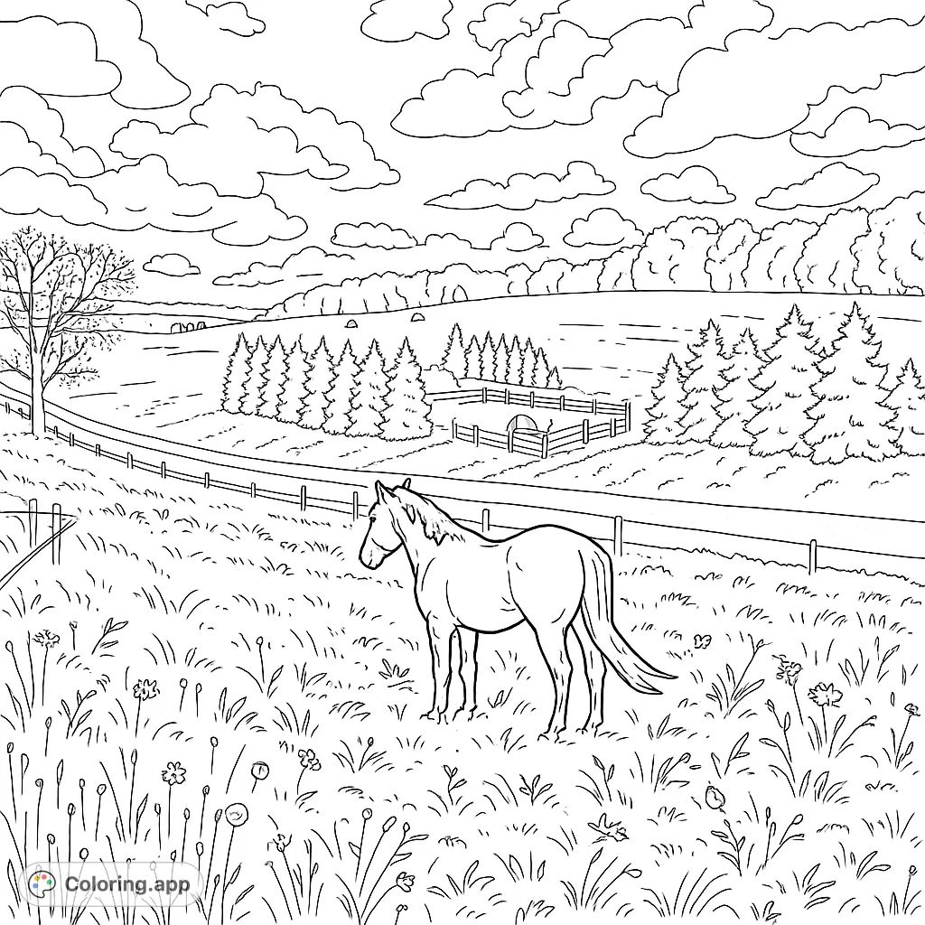 A majestic horse stands in a vibrant meadow, surrounded by rolling hills, a rustic fence, and fluffy clouds. A beautiful nature scene.