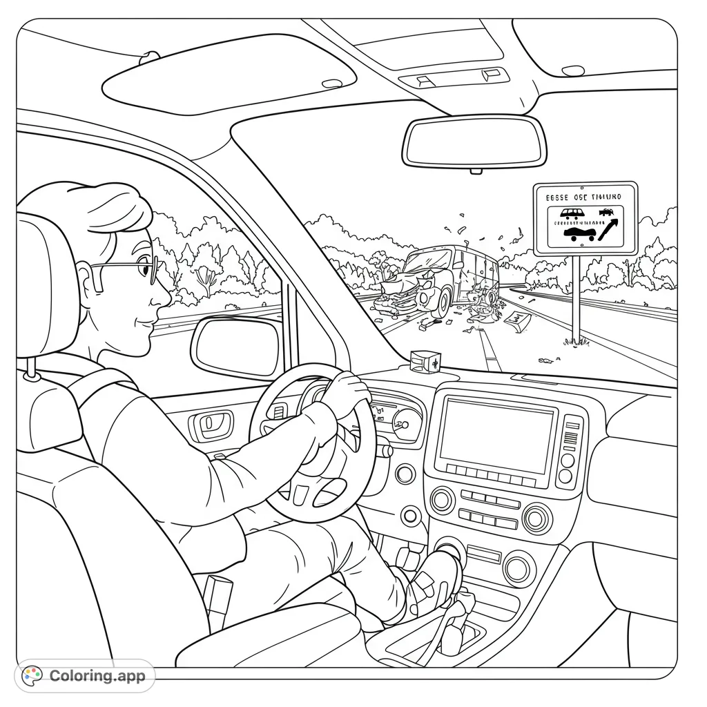 A detailed road safety coloring page showing a driver's view of a car accident ahead, perfect for discussing safe driving practices and awareness.