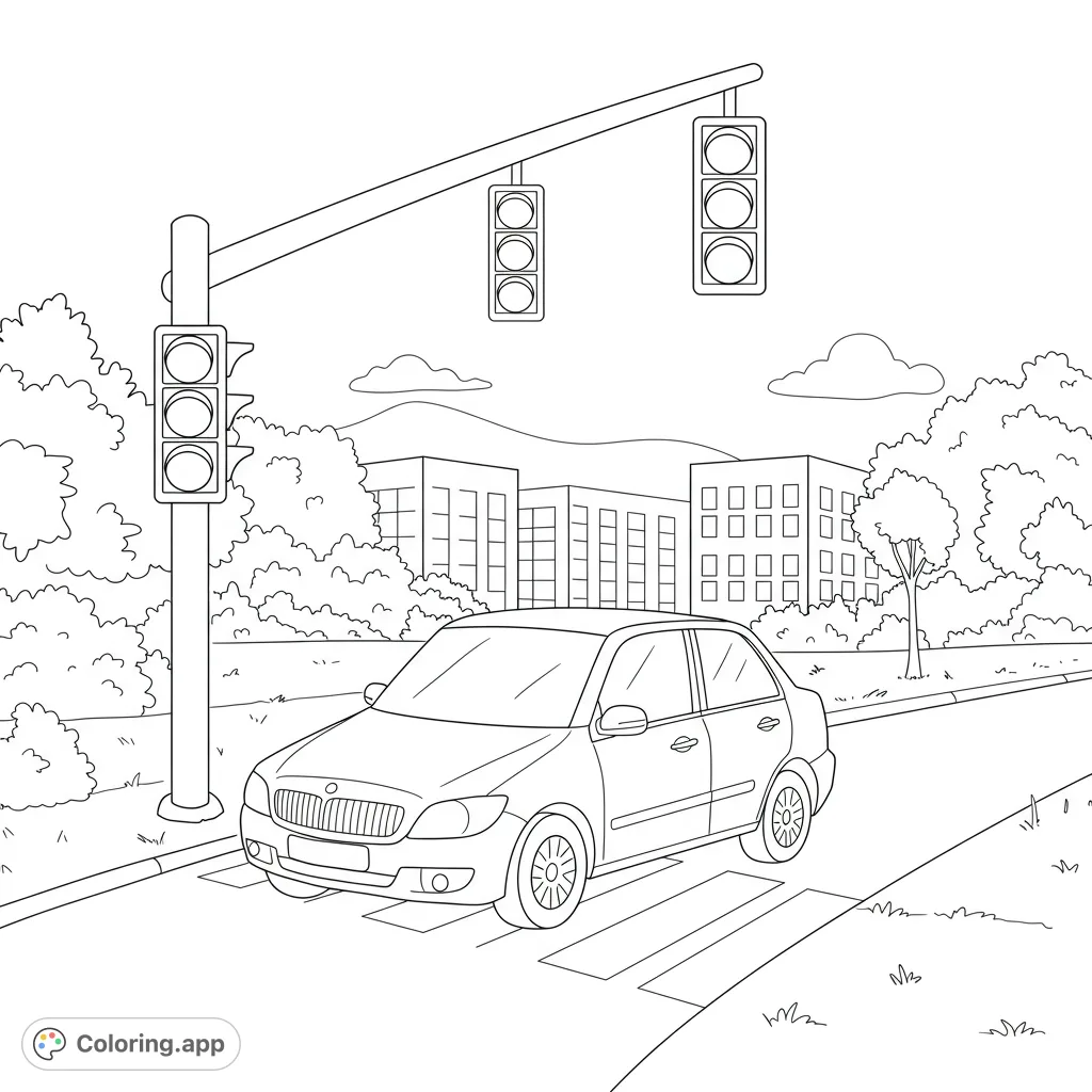 A detailed city street scene featuring a car at a crosswalk, traffic lights, buildings, and lush trees, perfect for urban exploration.
