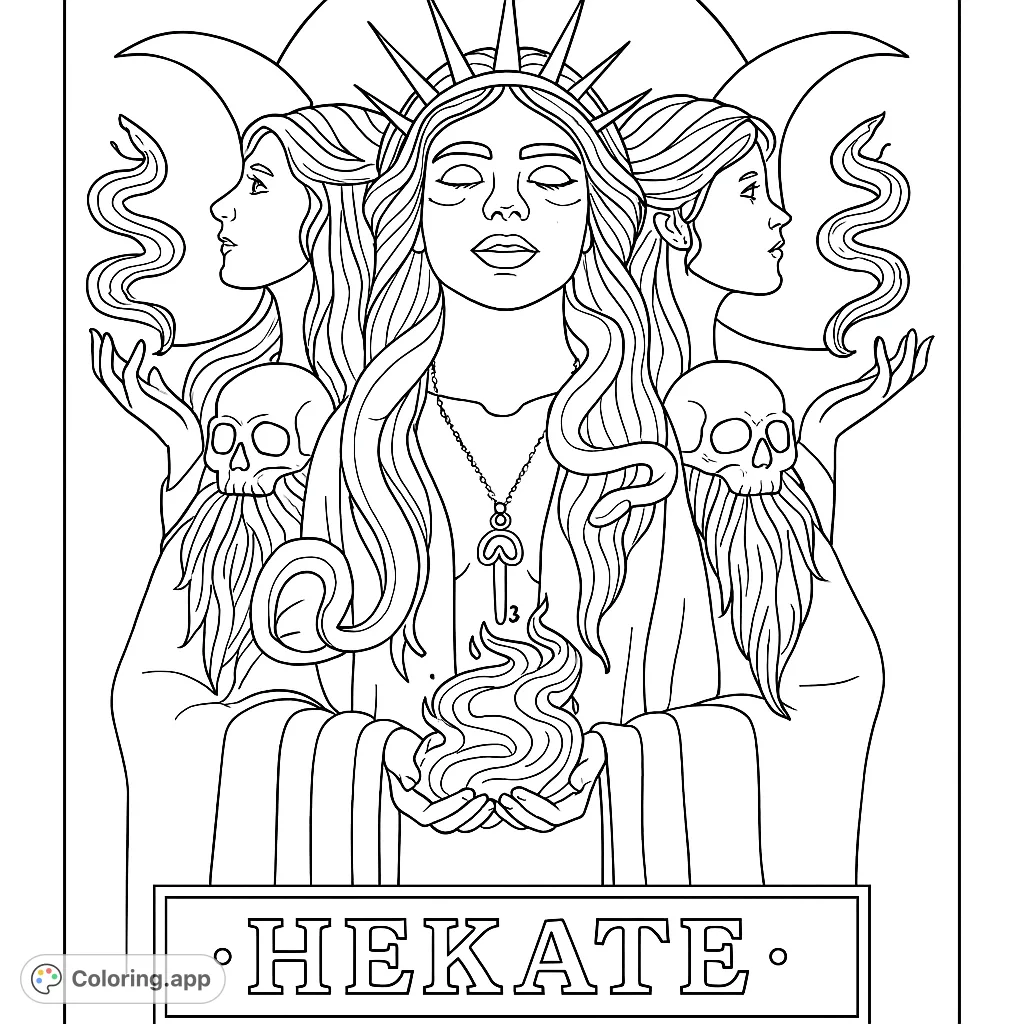 A powerful mystical goddess figure with two accompanying profiles, surrounded by celestial and symbolic elements, perfect for a spiritual coloring journey.