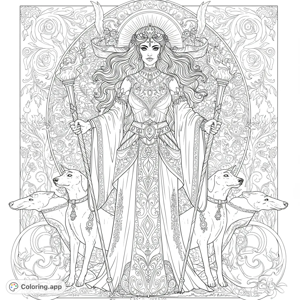 An intricate mythological goddess coloring page featuring a majestic figure in an ornate gown, holding torches, flanked by two loyal hounds amidst detailed floral patterns.