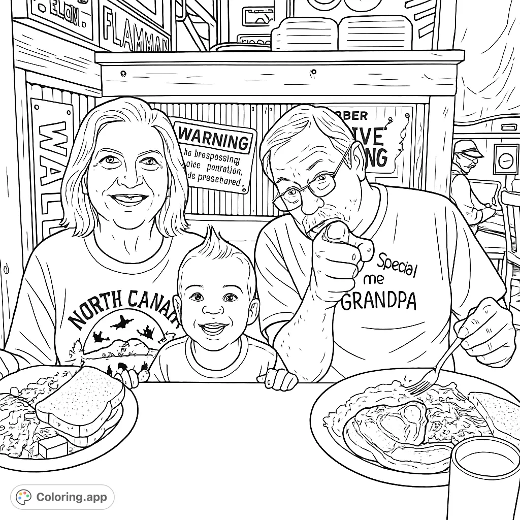 A heartwarming family diner scene featuring a smiling grandmother, a cheerful baby, and a pointing grandfather, ready for a fun coloring adventure.