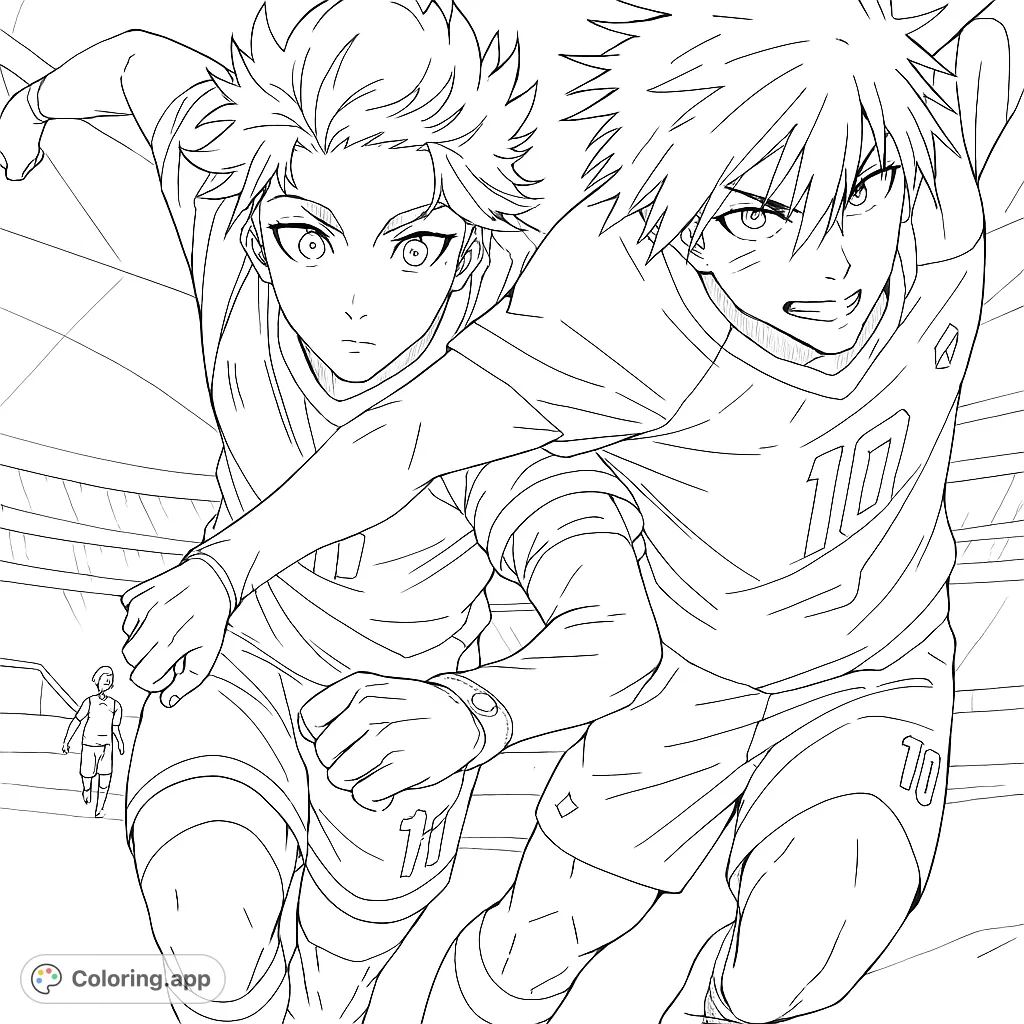 Dynamic anime soccer players sprint across the field in an action-packed stadium scene. A free printable sports coloring page for all ages.