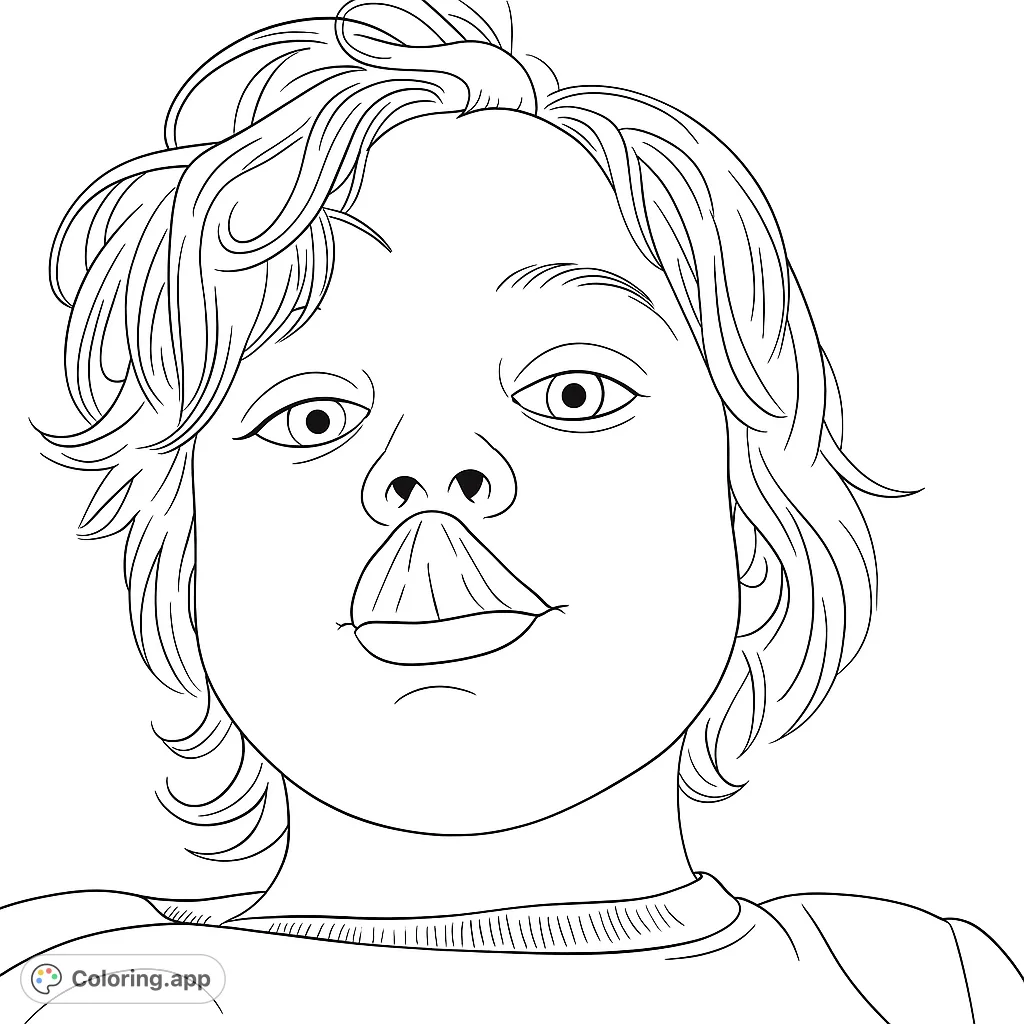 A charming child's face with a playful puckered mouth, perfect for a fun and expressive portrait coloring page. Free printable for all ages!