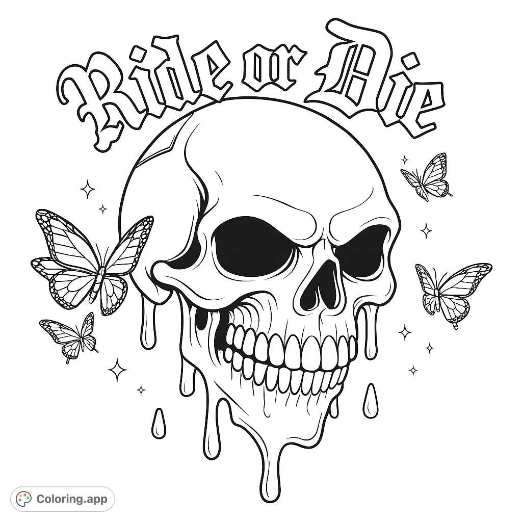 A unique skull coloring page featuring a dripping skull surrounded by detailed butterflies and sparkles. A free printable coloring page for adults and teens.