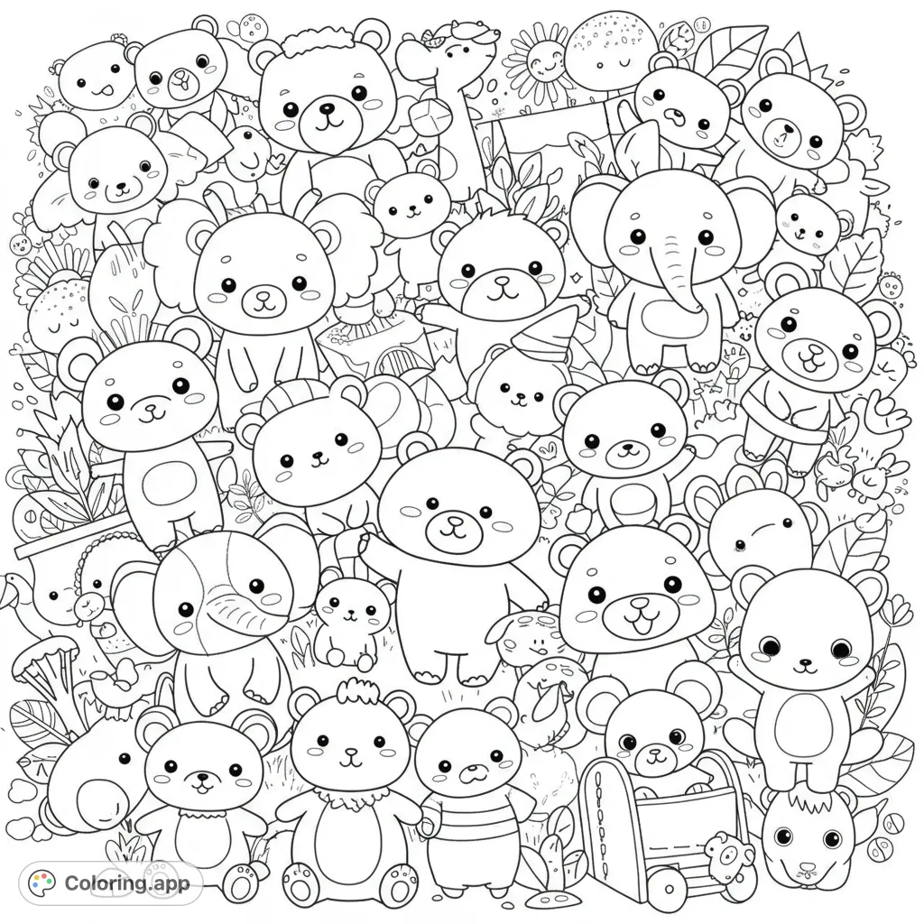 Dive into a delightful bear coloring page featuring a charming jamboree of cute bears and friends. A free printable coloring page for kids and adults!