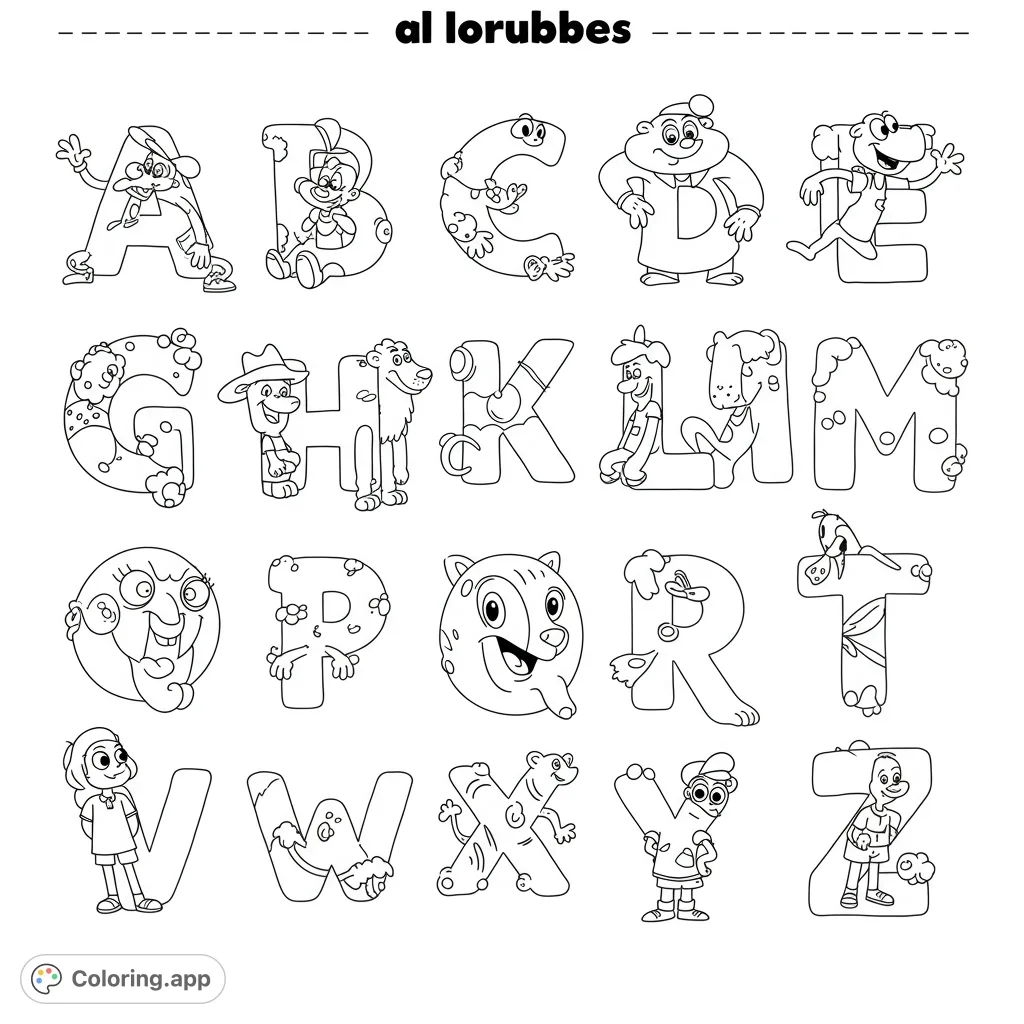 A delightful alphabet coloring page featuring each letter from A to Z uniquely integrated with a fun cartoon character. Perfect for learning and creativity.