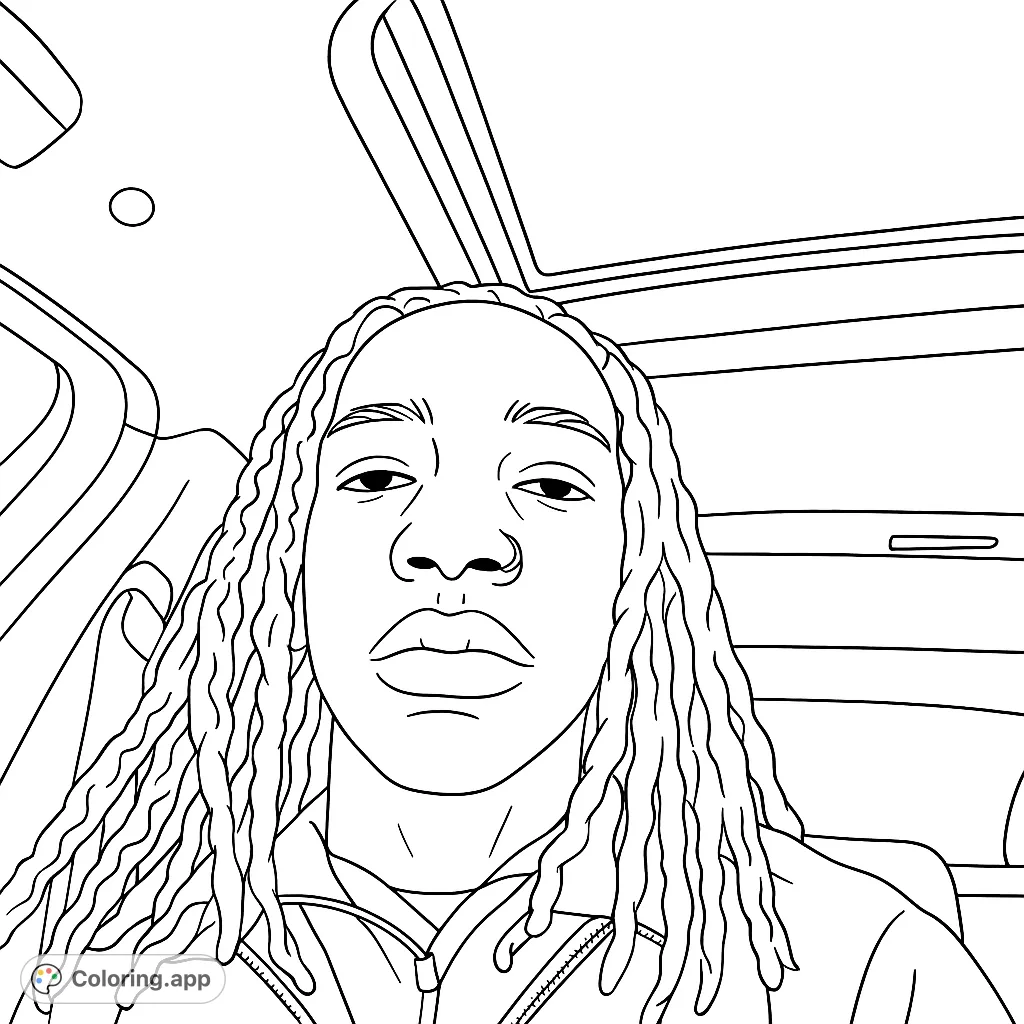 A cool person with long dreadlocks captured in a car selfie. This free printable coloring page offers a unique portrait for all ages to personalize.
