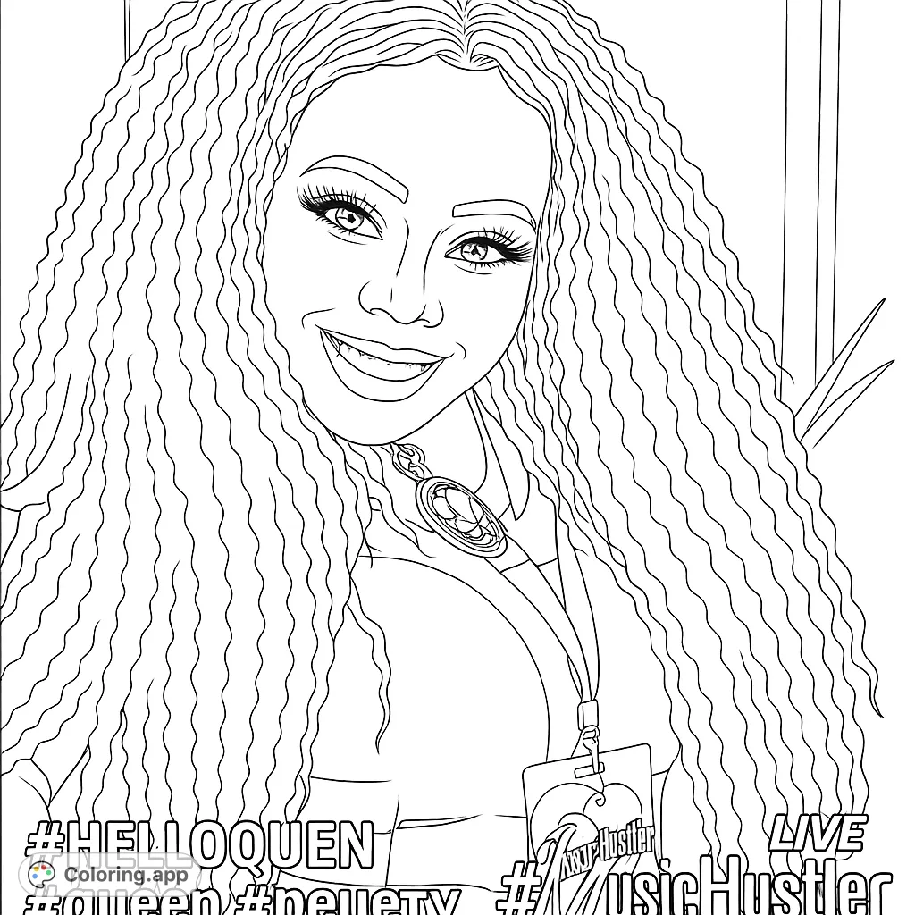 A beautiful woman with long, flowing curly hair and a radiant smile, wearing a lanyard. A captivating portrait for creative coloring.
