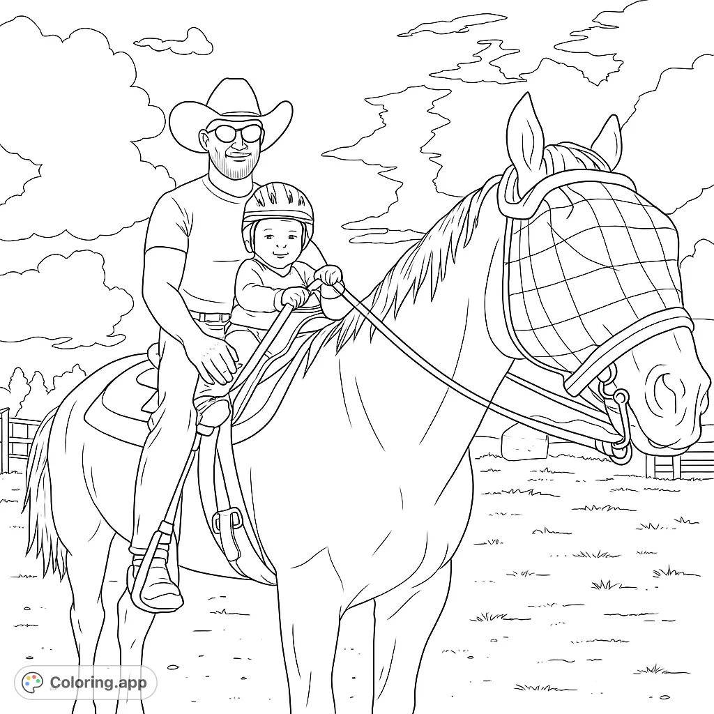 A heartwarming cowboy and child horseback riding scene, perfect for a free printable coloring page. Features a man, child in helmet, and horse with fly mask.