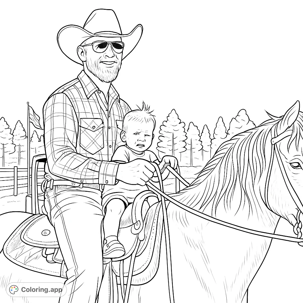 A cowboy and crying baby on horseback, with a rustic ranch background. A fun, free printable western coloring page for kids and adults.