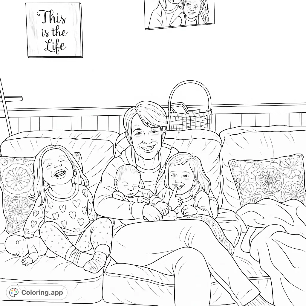 A heartwarming family scene: an adult with three joyful children on a cozy couch, perfect for a relaxing coloring experience.