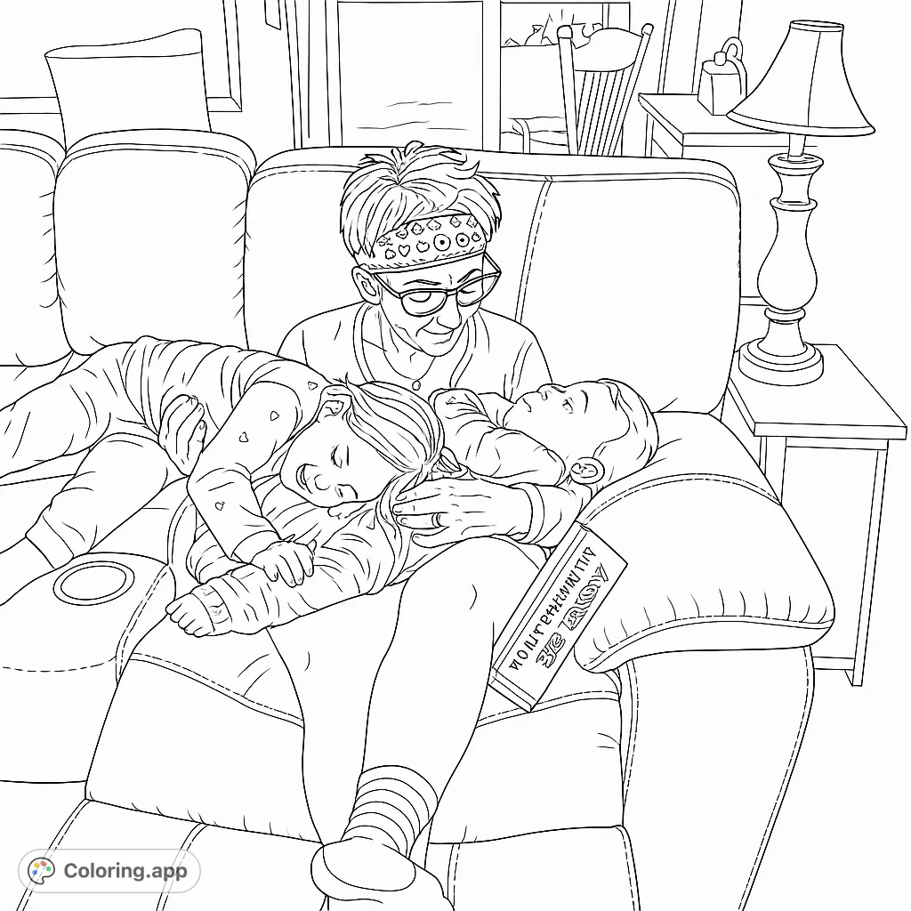 Heartwarming free printable coloring page of a grandparent cuddling two sleeping children on a cozy couch. Ideal for family-themed coloring pages for kids and adults.