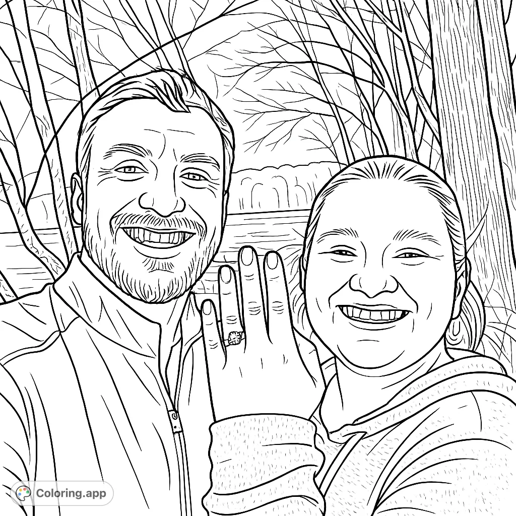 Celebrate love with this engagement coloring page featuring a joyful couple and a sparkling ring in a serene outdoor setting. Free printable coloring page for adults.