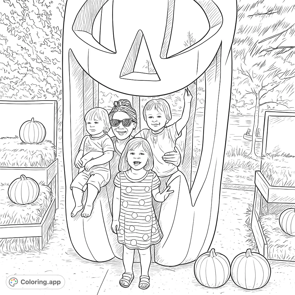A heartwarming Halloween family coloring page featuring an adult and three children posing inside a giant jack-o'-lantern, surrounded by pumpkins and hay.