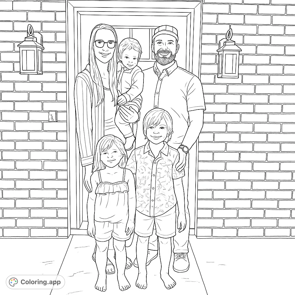 A heartwarming family of five stands smiling in front of their brick home, perfect for a personalized family portrait coloring page.