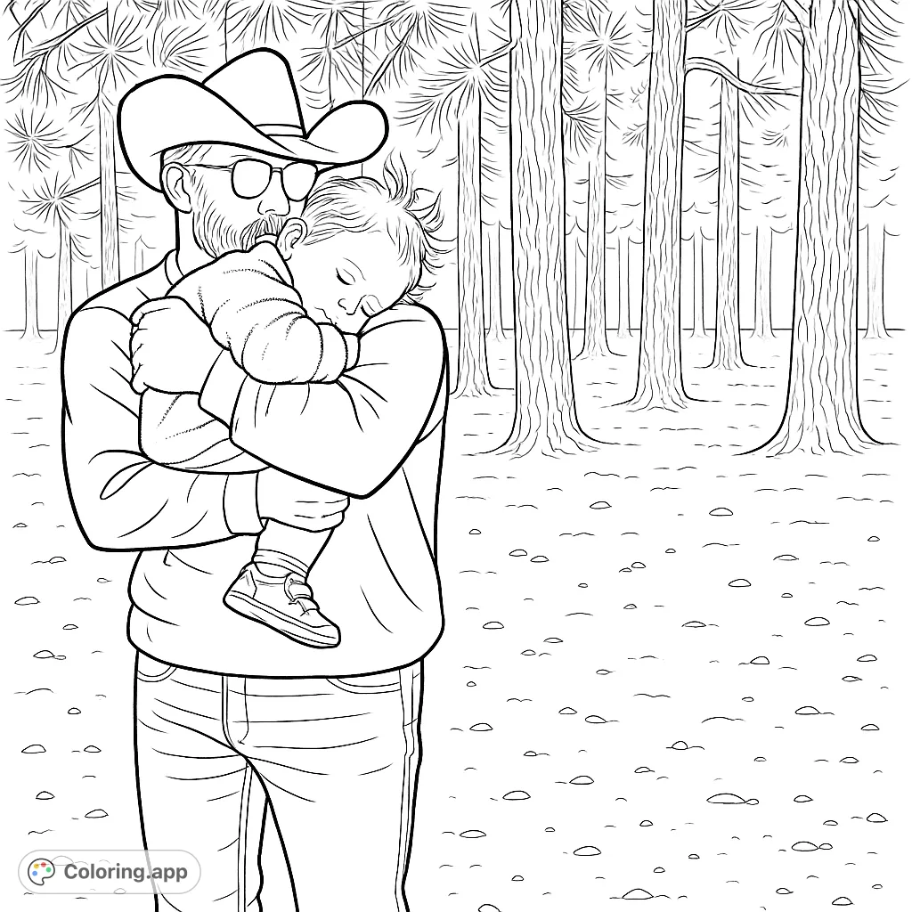 A tender father and child embrace in a serene forest. This heartwarming family coloring page captures love and peace in nature.