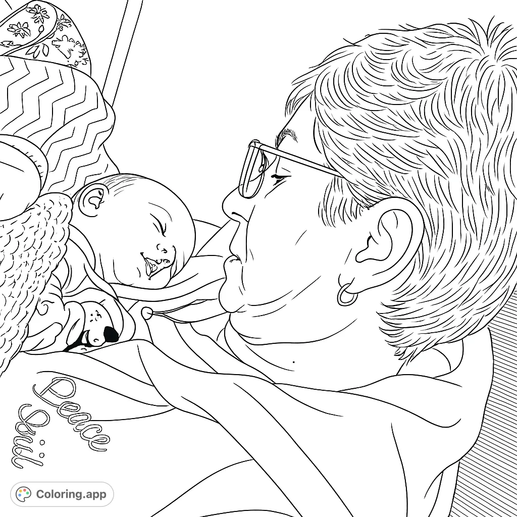 A heartwarming family love coloring page featuring an adult gently holding a sleeping baby, perfect for all ages. Free printable.