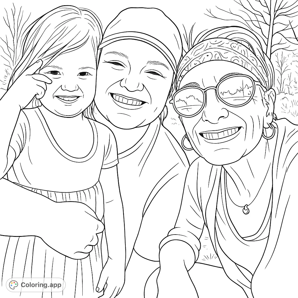 A heartwarming multi-generational family portrait coloring page featuring three smiling faces: a child, an adult, and an elder, perfect for all ages.