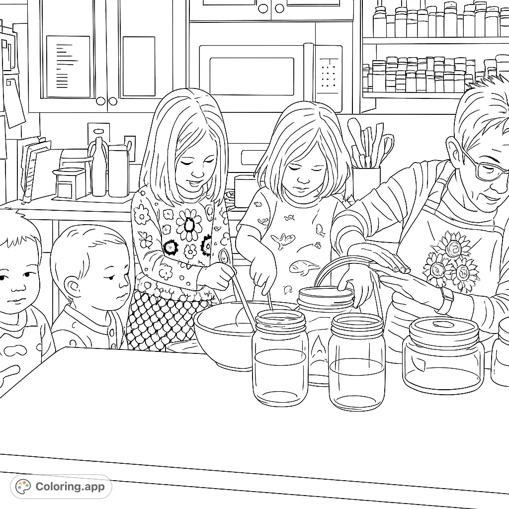 A heartwarming kitchen scene with an adult and four children canning. Perfect for family fun, learning, and creative coloring.