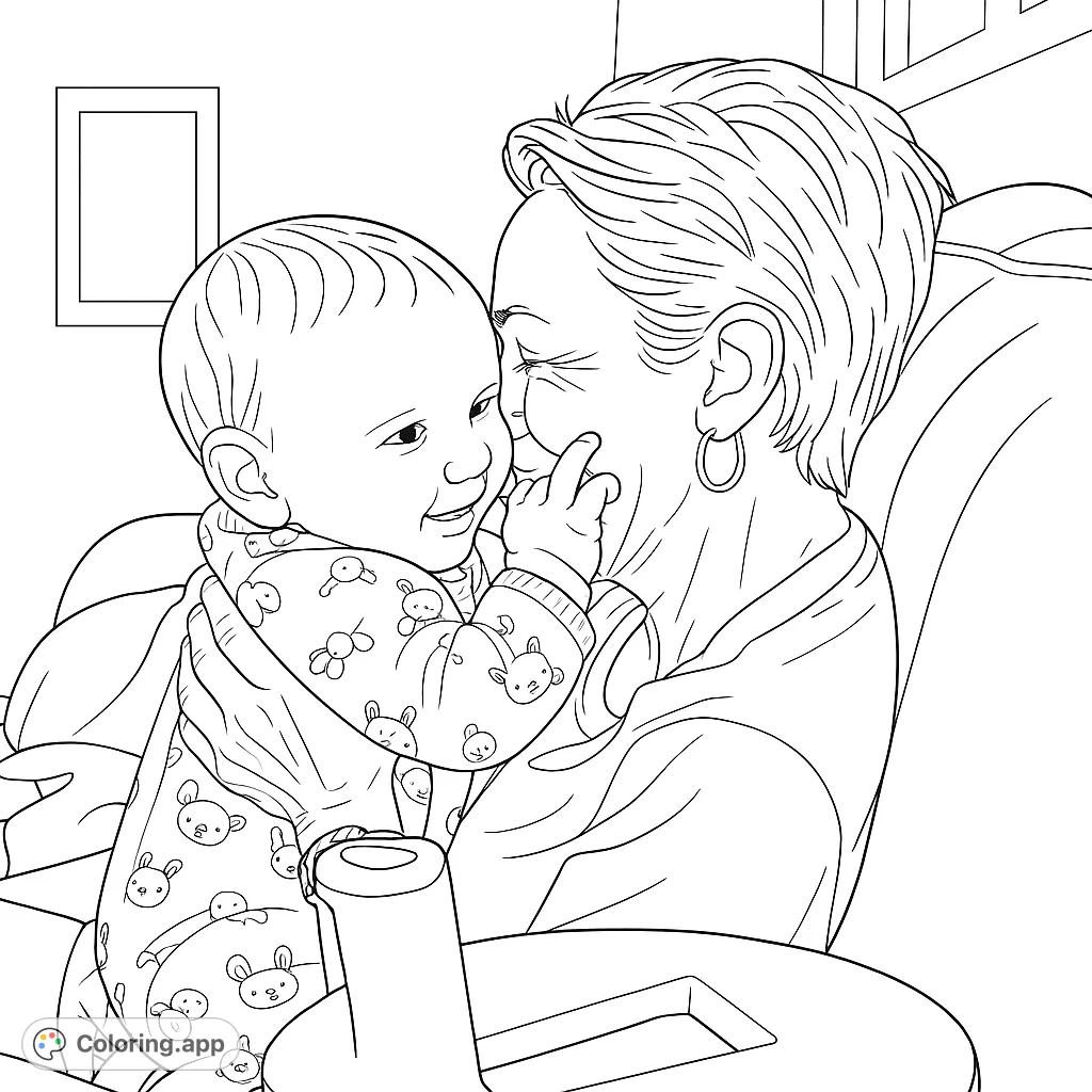 A heartwarming family bonding coloring page featuring a grandmother and baby. Free printable coloring page for kids and adults, perfect for celebrating love.