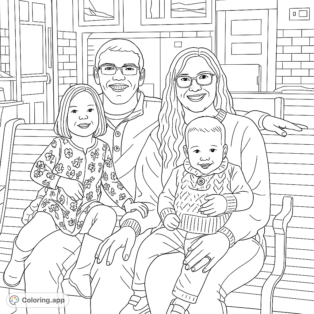 A heartwarming family portrait featuring two adults and two children smiling on a bench, perfect for a family coloring page.