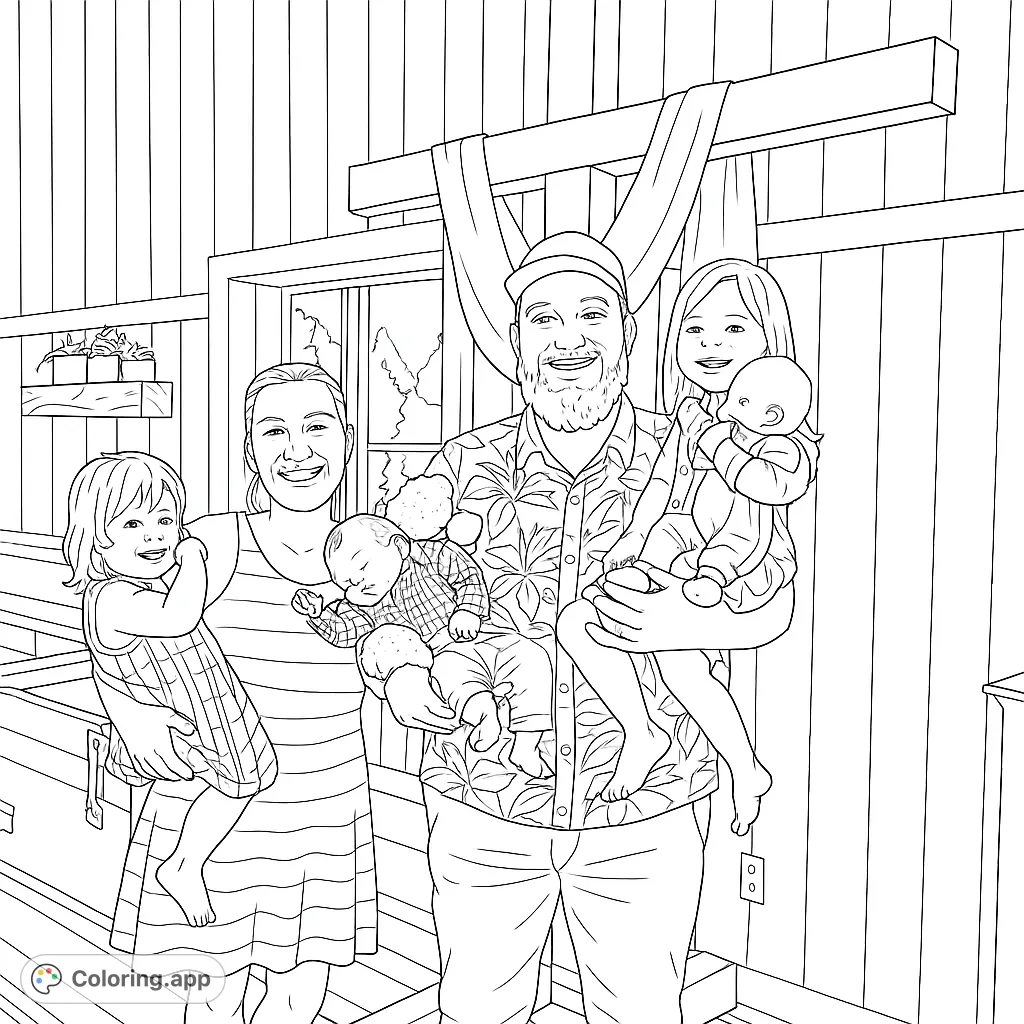 A heartwarming family portrait coloring page featuring parents holding their four smiling children, set against a cozy wooden backdrop. Perfect for all ages!