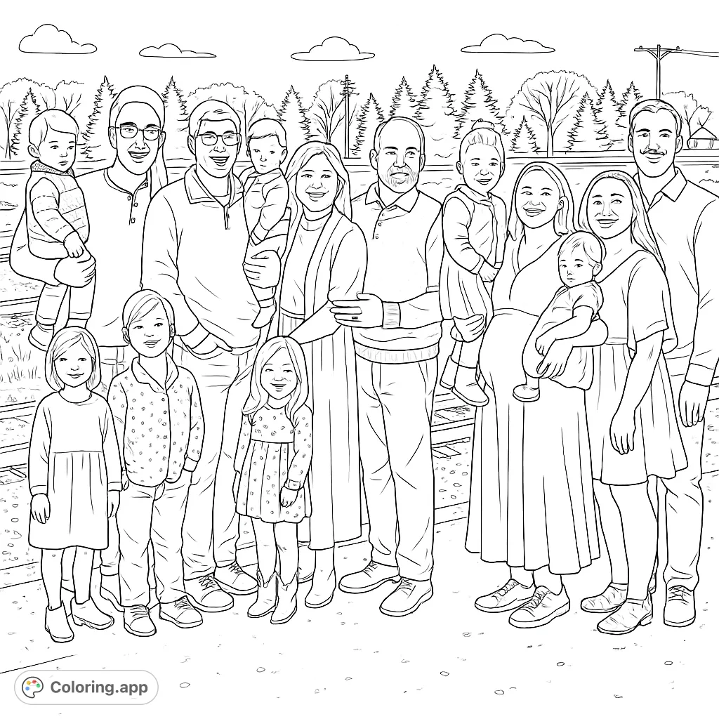A heartwarming family portrait coloring page featuring a large multi-generational group smiling outdoors by train tracks. Perfect for all ages.