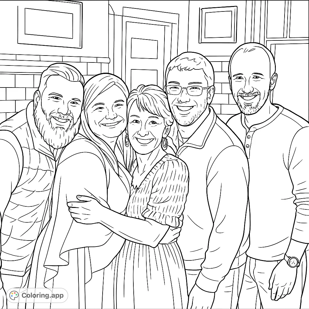 A heartwarming family portrait coloring page featuring five smiling individuals. Perfect for personalizing and celebrating cherished memories.