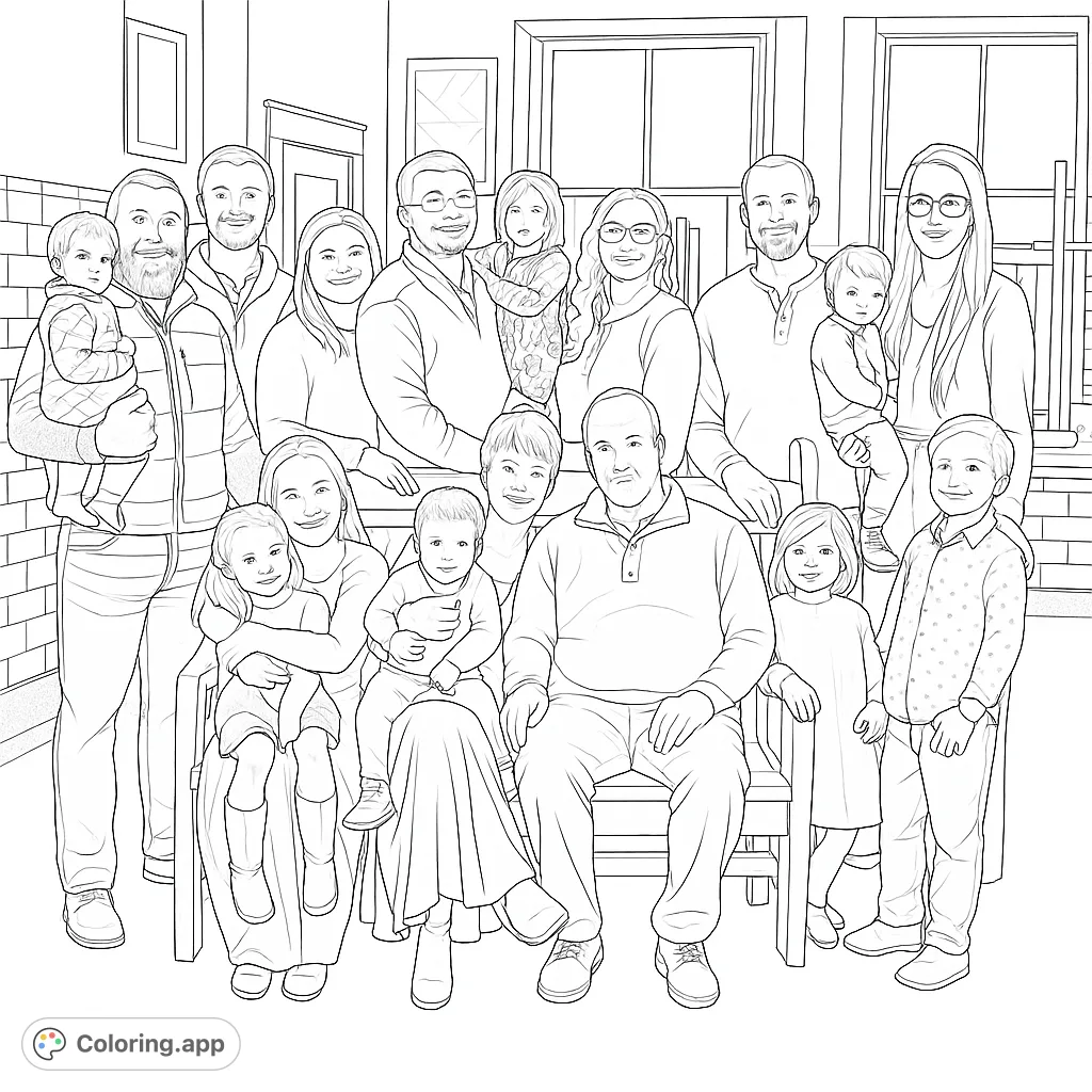 A heartwarming multi-generational family portrait, perfect for a free printable family coloring page. Features adults, children, and babies in a cozy indoor setting.