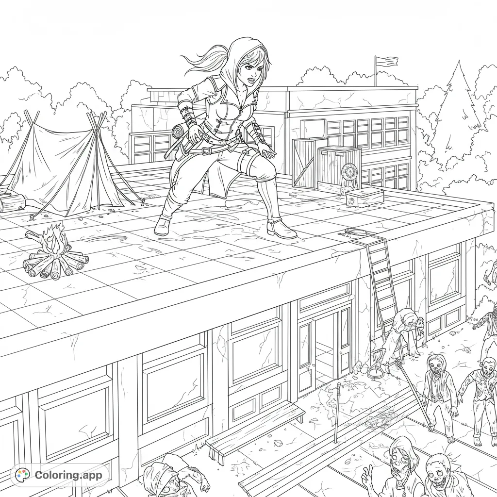 A determined survivor on a crumbling rooftop overlooks a horde of zombies below in this thrilling post-apocalyptic scene, perfect for a free printable coloring page.