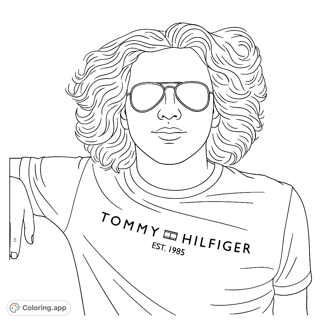 A stylish portrait coloring page featuring a cool person with curly hair and aviator sunglasses. A free printable coloring page for all ages to enjoy.