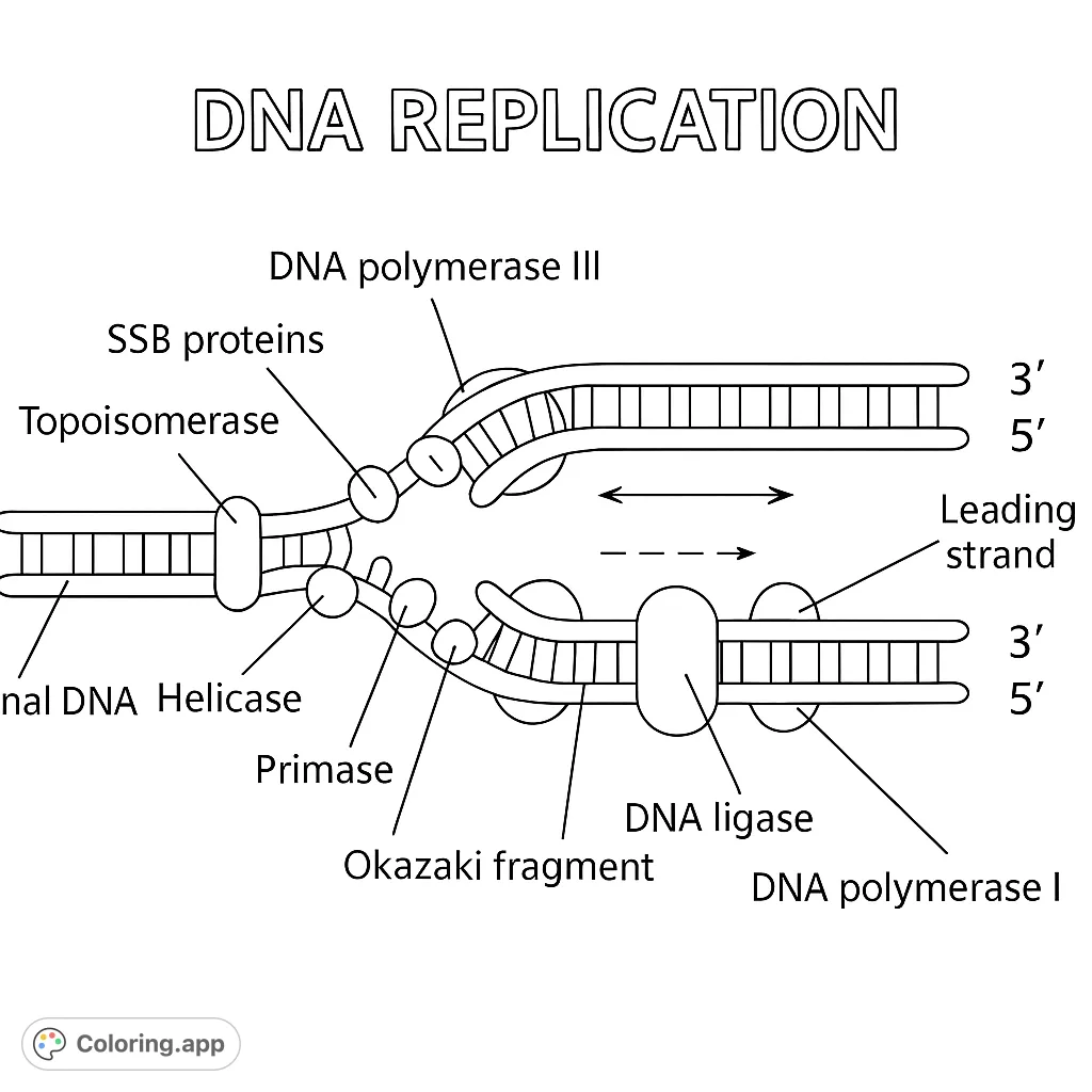 Explore the intricate process of DNA replication with this detailed molecular biology coloring page, perfect for science enthusiasts and educational fun.