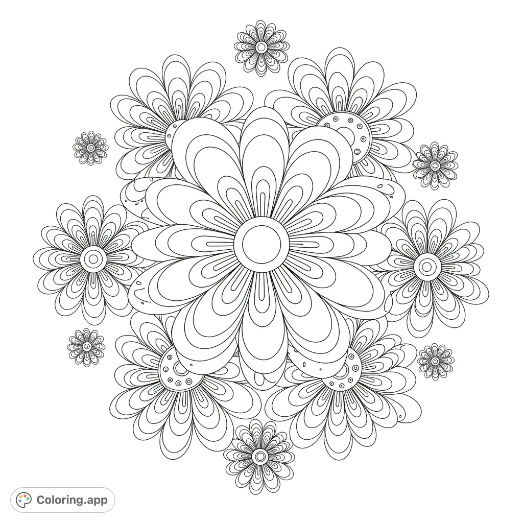A beautiful floral mandala featuring a large central flower surrounded by intricate petals and smaller blooms, perfect for mindful coloring.