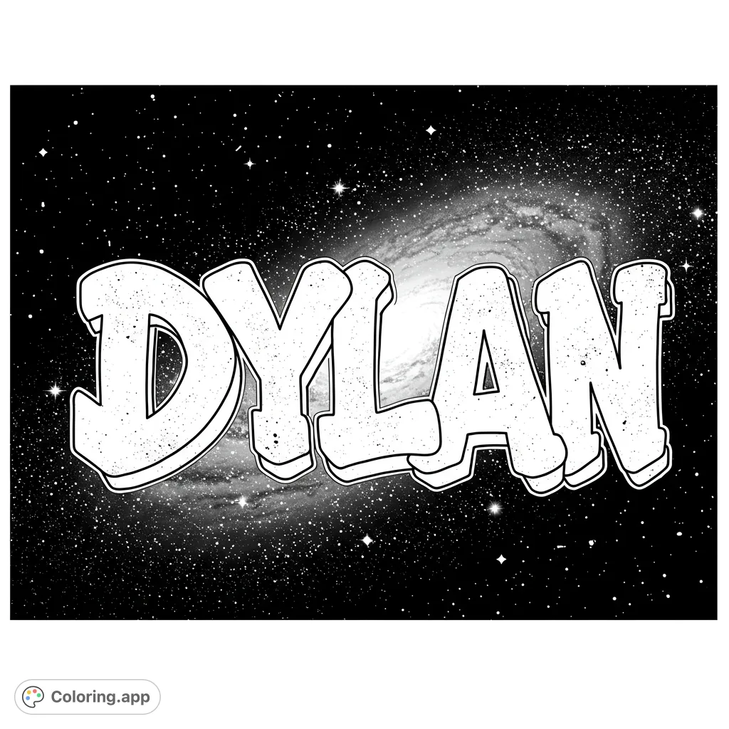 Personalized Dylan space name coloring page. Bold bubble letters against a starry galaxy with a swirling nebula. Free printable for all ages.