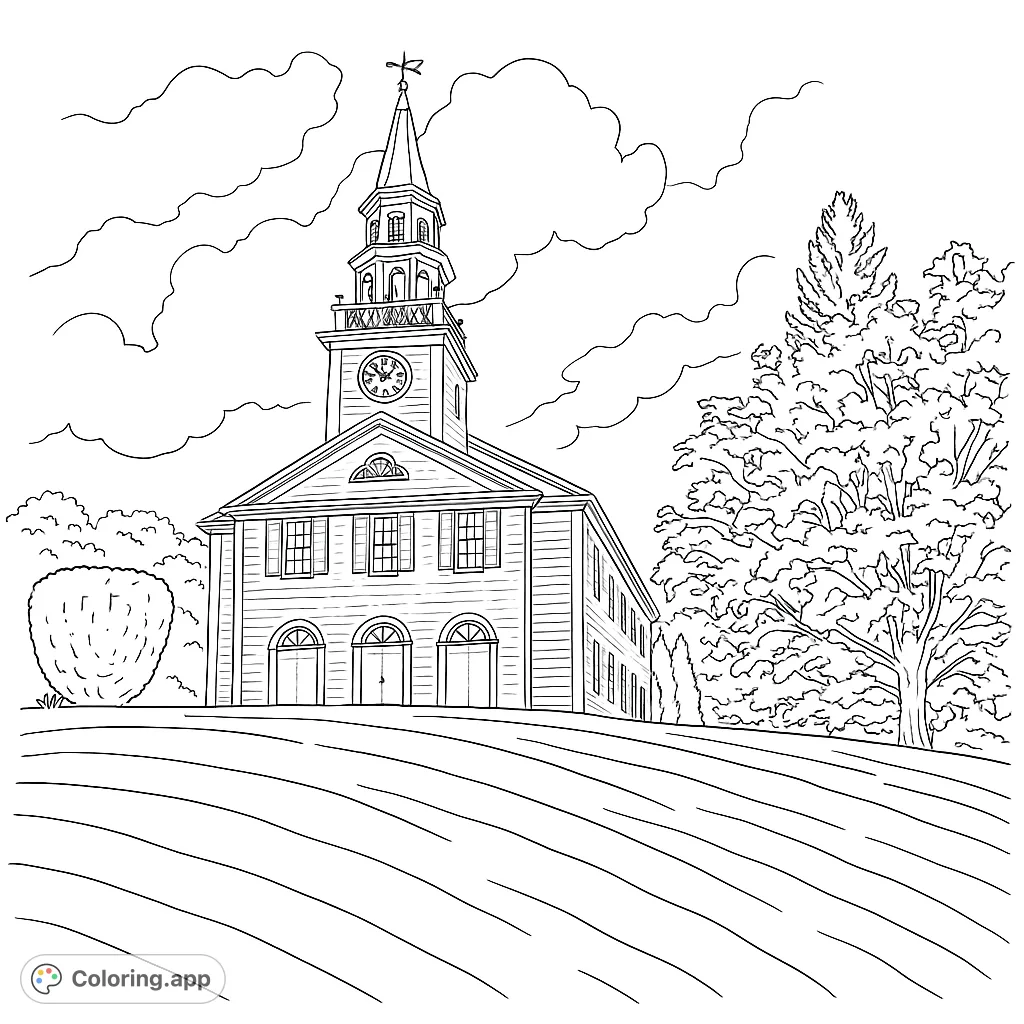 A charming traditional church with a tall steeple, clock, and detailed architecture, set on a gentle hill with trees and clouds.