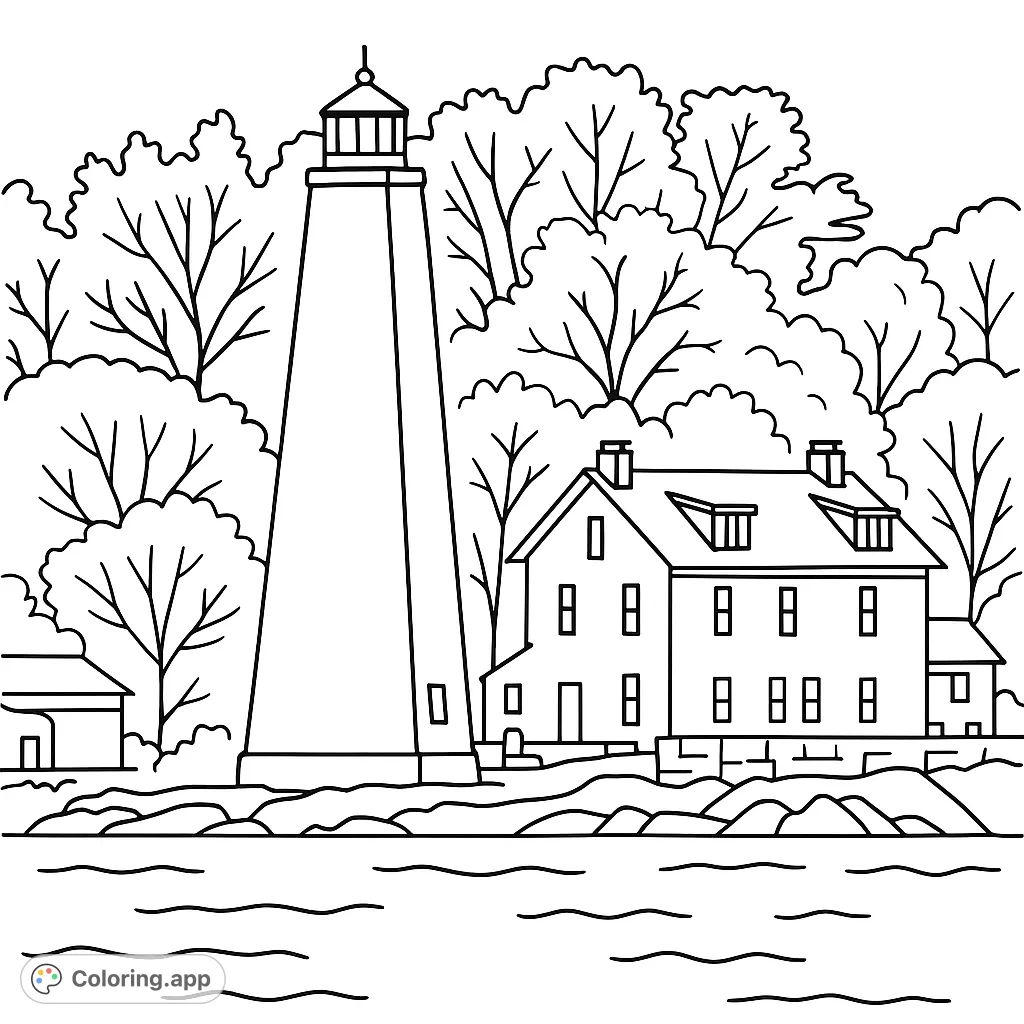 A serene lighthouse and keeper's house stand on a rocky coast, surrounded by lush trees and calm waters. A free printable coastal lighthouse coloring page.