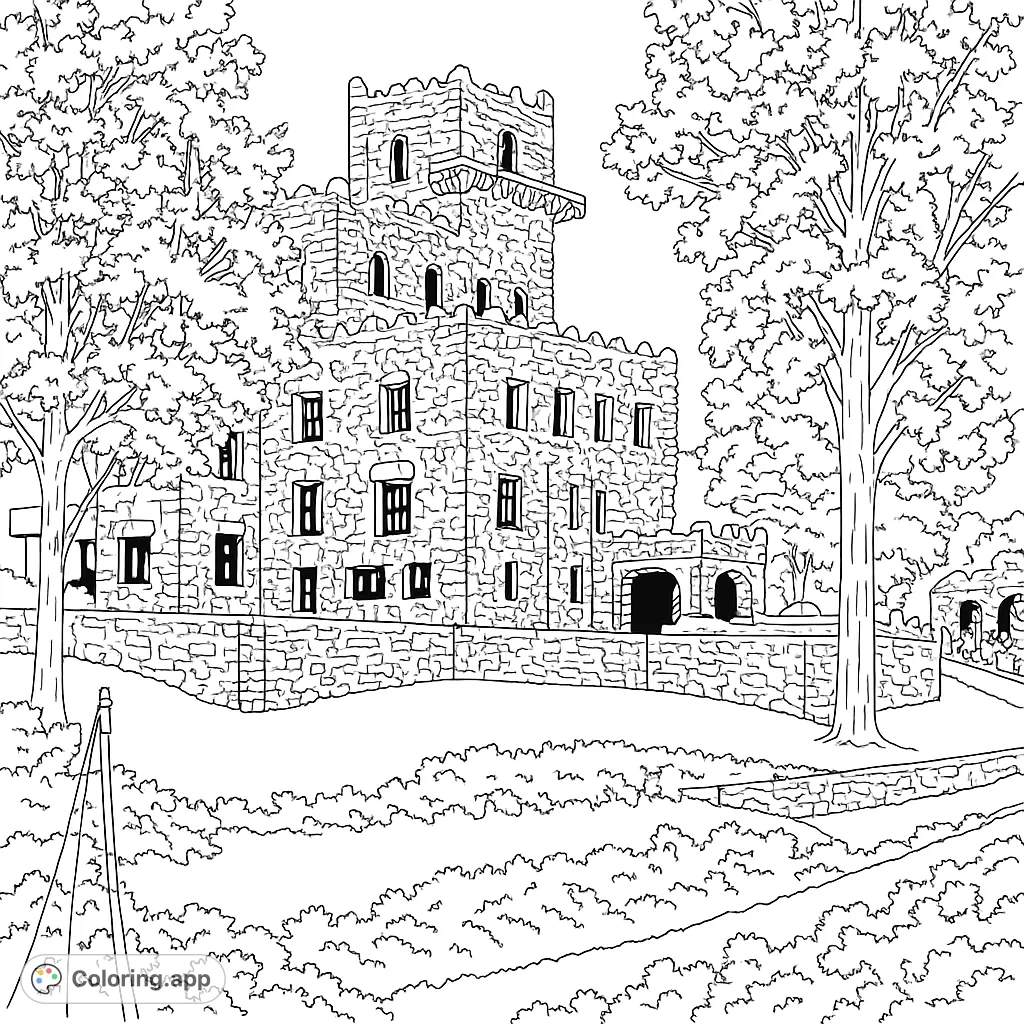 Explore a majestic stone castle with towering trees and intricate details. A free printable castle coloring page for all ages, perfect for creative expression.