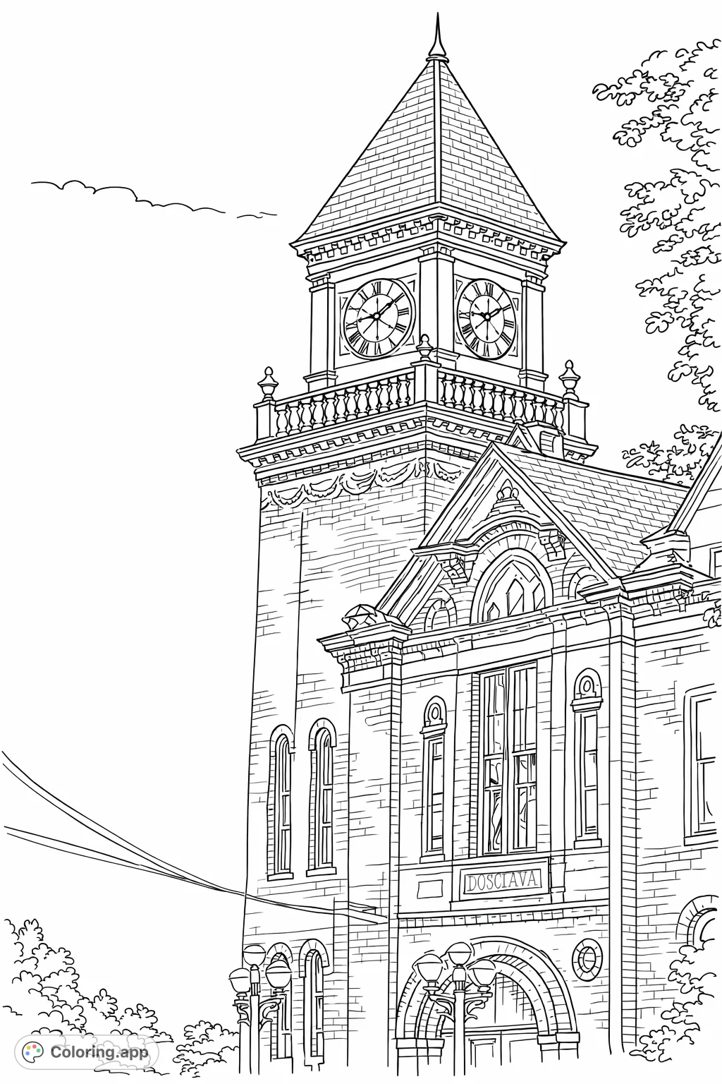 A grand historic brick building with an imposing clock tower, intricate architectural details, ornate windows, and a dramatic sky, perfect for detailed coloring.